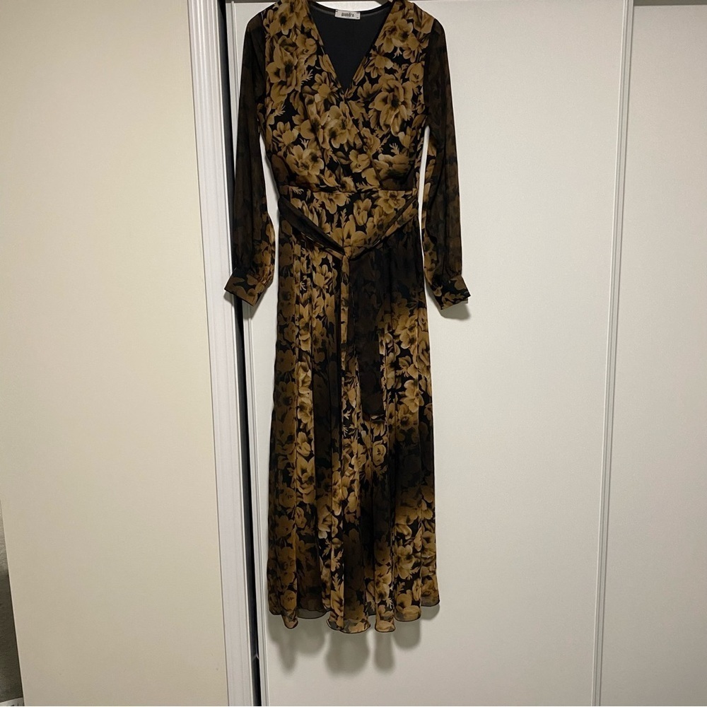 Floral black/ golden yellow chiffon maxi dress long  sleeve